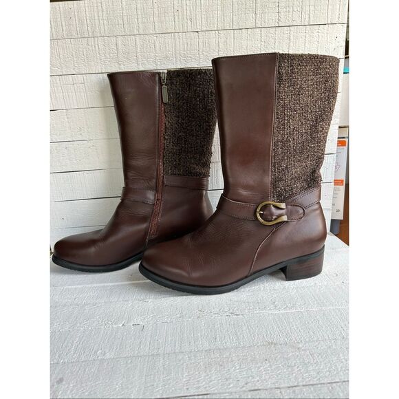 Propet Women’s Brown Leather Mid-Calf Boots Tweed Buckle Riding Style Size 10 - Picture 1 of 13